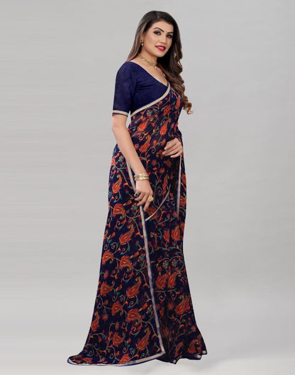 Navy Blue Printed Chiffon Saree | Sudathi