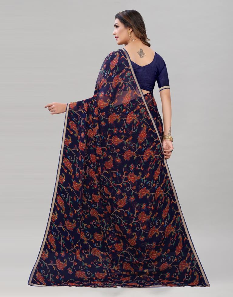Navy Blue Printed Chiffon Saree | Sudathi