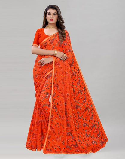 Orange Printed Chiffon Saree | Sudathi