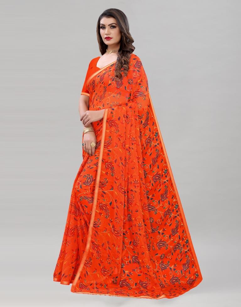 Orange Printed Chiffon Saree | Sudathi