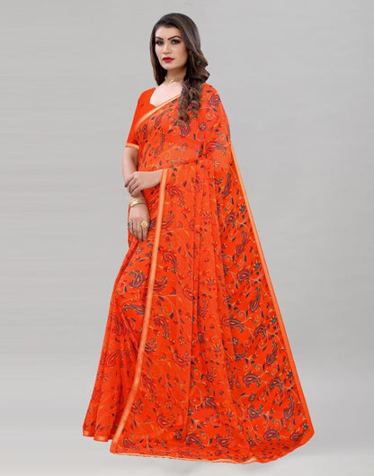 Orange Printed Chiffon Saree | Sudathi