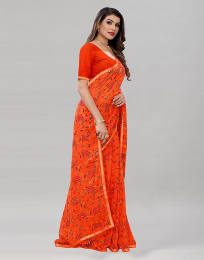 Orange Printed Chiffon Saree | Sudathi