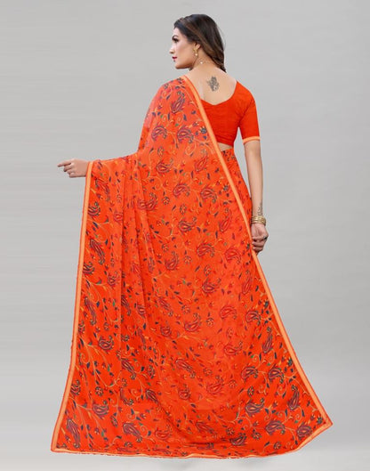 Orange Printed Chiffon Saree | Sudathi