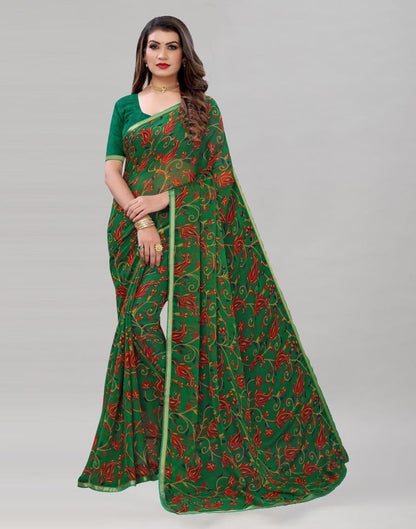 Green Printed Chiffon Saree | Sudathi