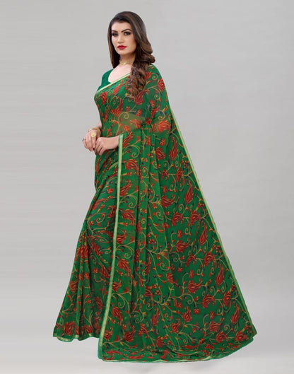 Green Printed Chiffon Saree | Sudathi