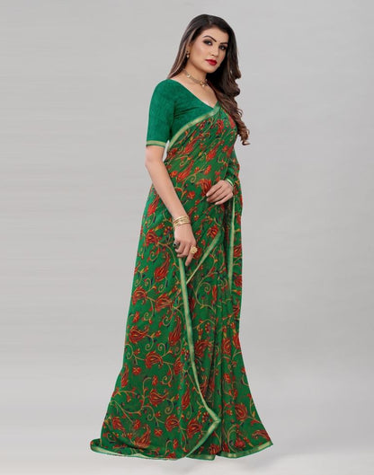 Green Printed Chiffon Saree | Sudathi