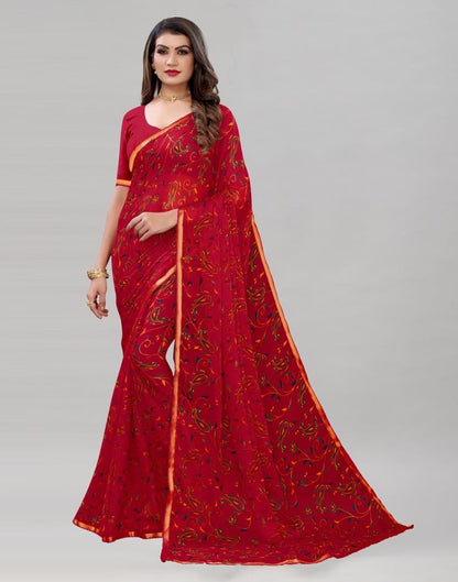 Red Printed Chiffon Saree | Sudathi