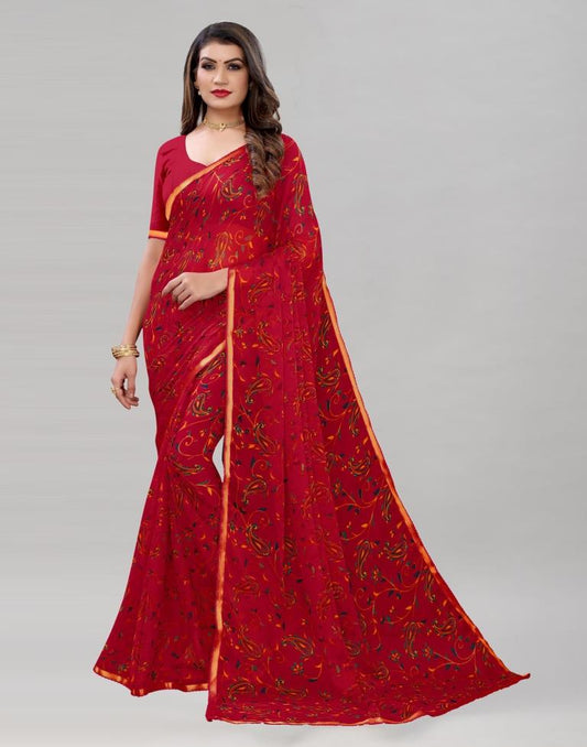 Red Printed Chiffon Saree | Sudathi