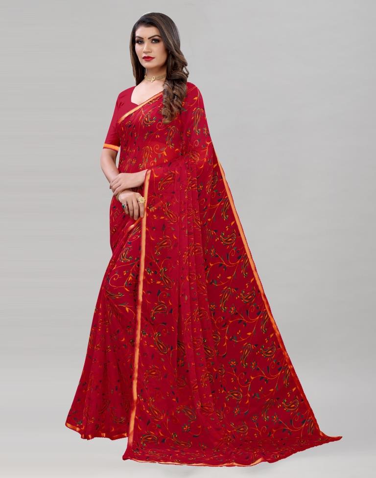 Red Printed Chiffon Saree | Sudathi