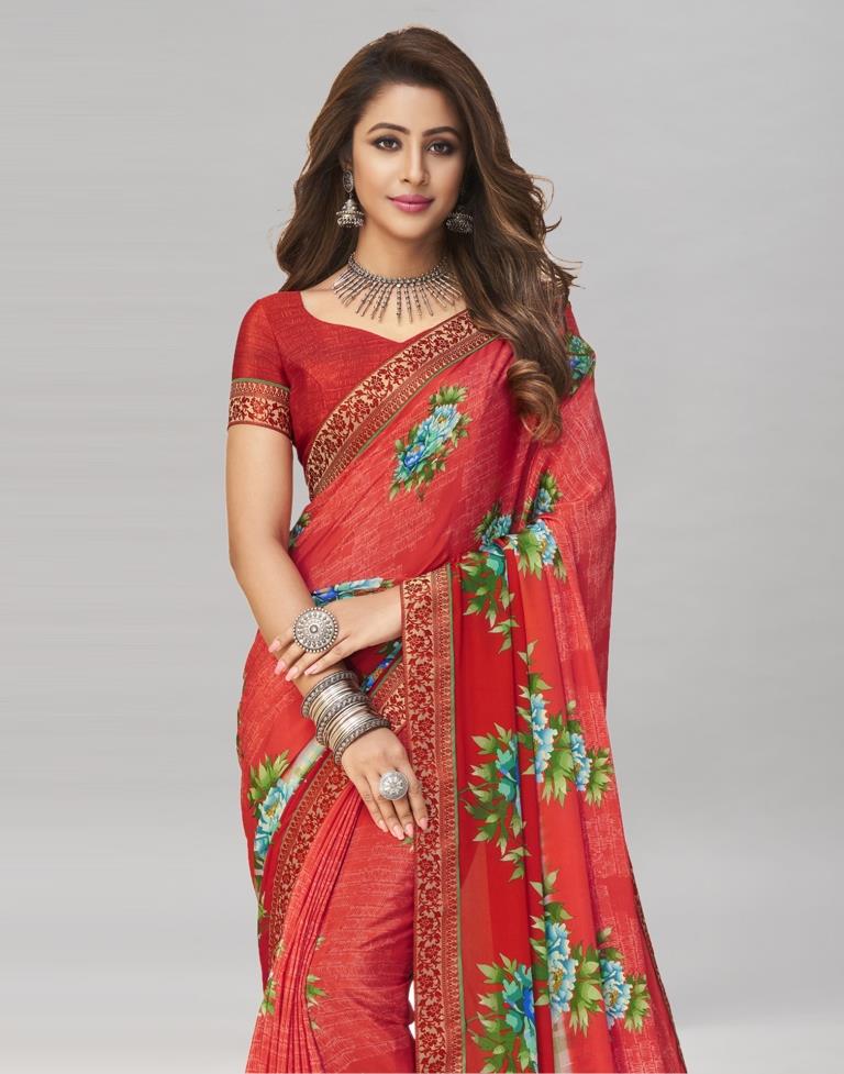 Flamboyant Red Printed Saree | Sudathi