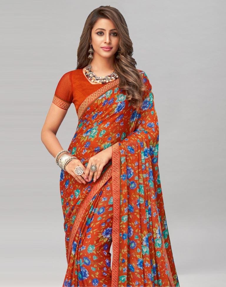 Burnt Orange Printed Chiffon Saree | Sudathi