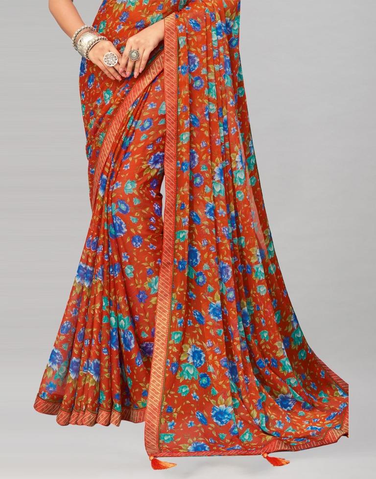 Burnt Orange Printed Chiffon Saree | Sudathi