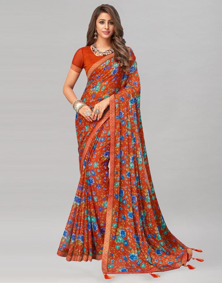 Burnt Orange Printed Chiffon Saree | Sudathi
