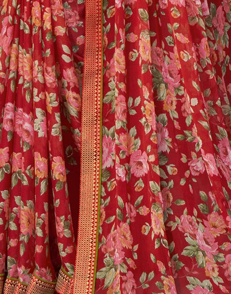 Burnt Red Printed Chiffon Saree | Sudathi