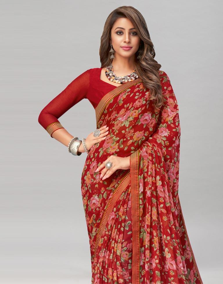 Burnt Red Printed Chiffon Saree | Sudathi