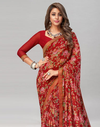 Burnt Red Printed Chiffon Saree | Sudathi