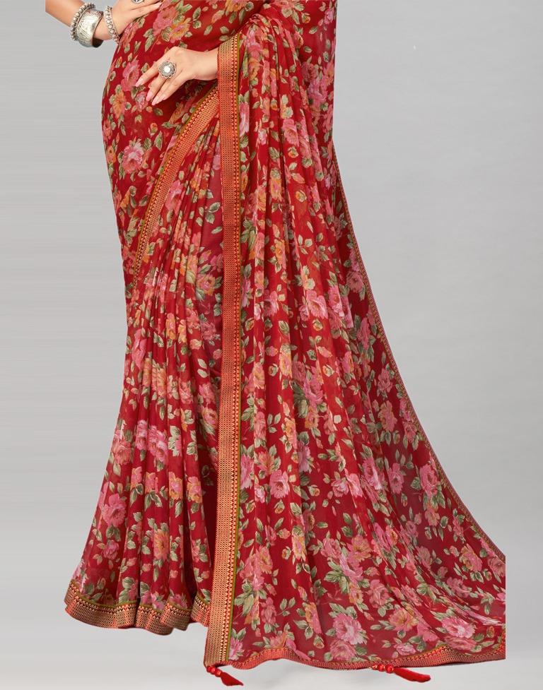Burnt Red Printed Chiffon Saree | Sudathi