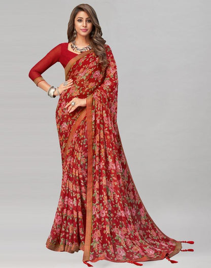 Burnt Red Printed Chiffon Saree | Sudathi