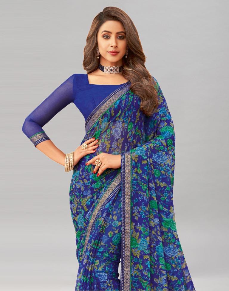 Royal Blue Printed Chiffon Saree | Sudathi