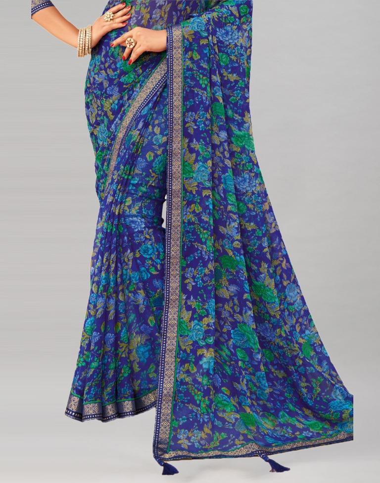 Royal Blue Printed Chiffon Saree | Sudathi