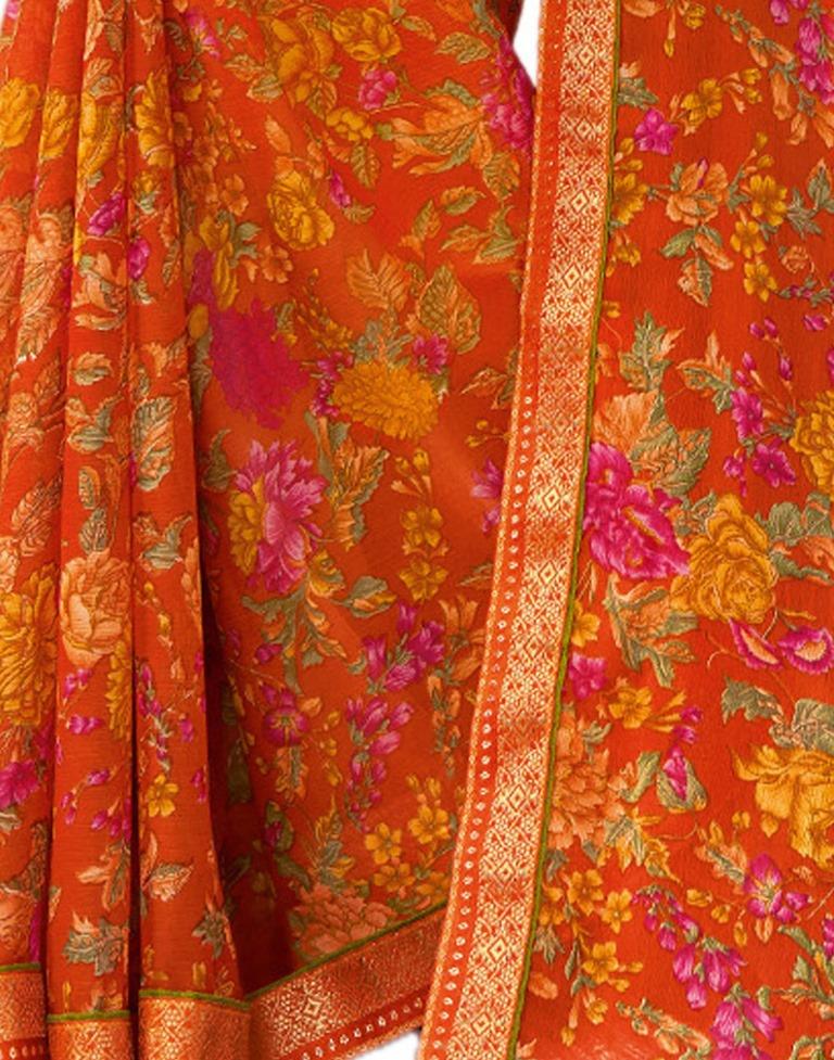 Orange Printed Chiffon Saree | Sudathi