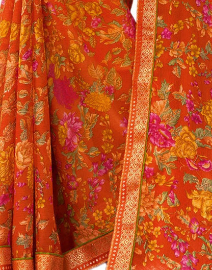 Orange Printed Chiffon Saree | Sudathi