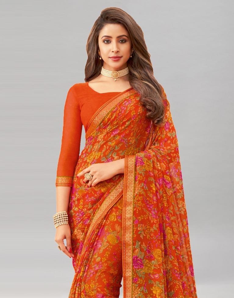 Orange Printed Chiffon Saree | Sudathi
