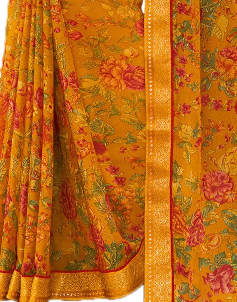 Turmeric Yellow Printed Chiffon Saree | Sudathi