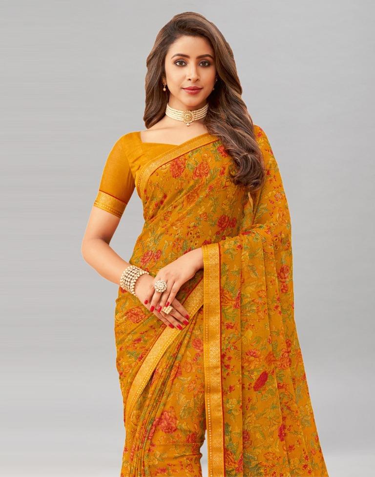 Turmeric Yellow Printed Chiffon Saree | Sudathi