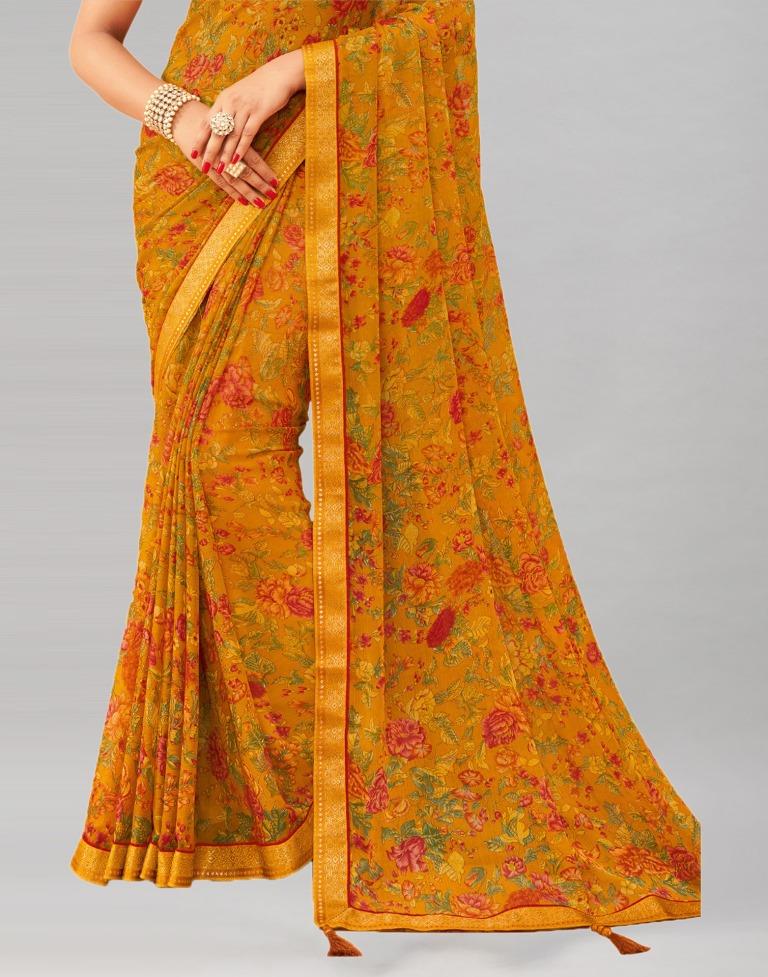 Turmeric Yellow Printed Chiffon Saree | Sudathi
