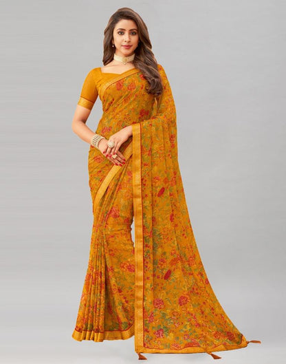 Turmeric Yellow Printed Chiffon Saree | Sudathi