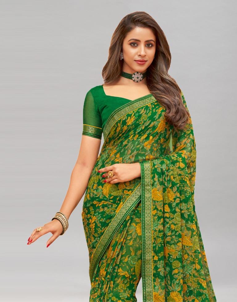 Impressive Green Printed Chiffon Saree | Sudathi