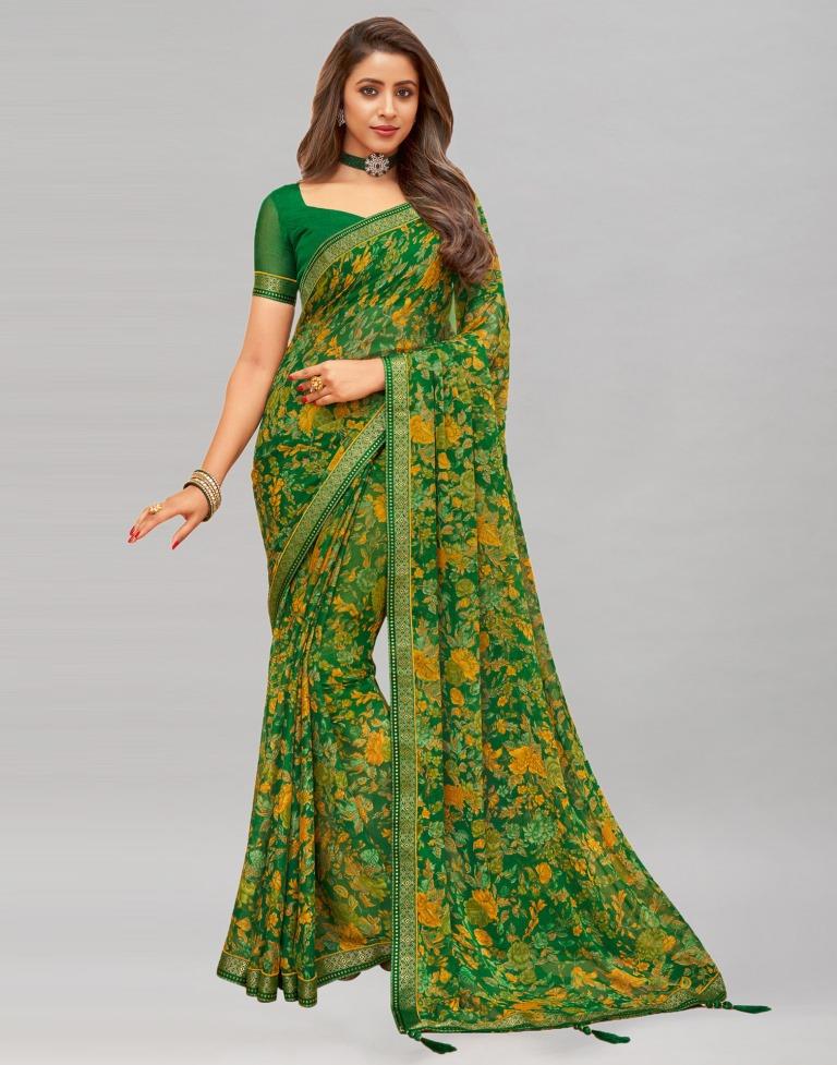 Impressive Green Printed Chiffon Saree | Sudathi