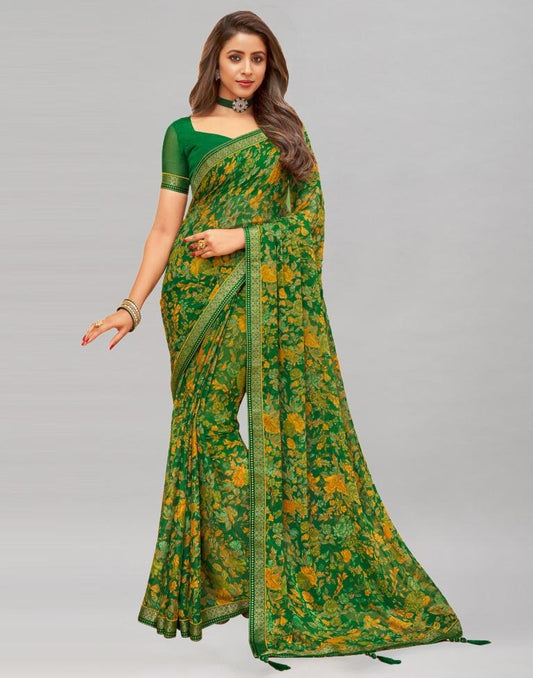 Impressive Green Printed Chiffon Saree | Sudathi