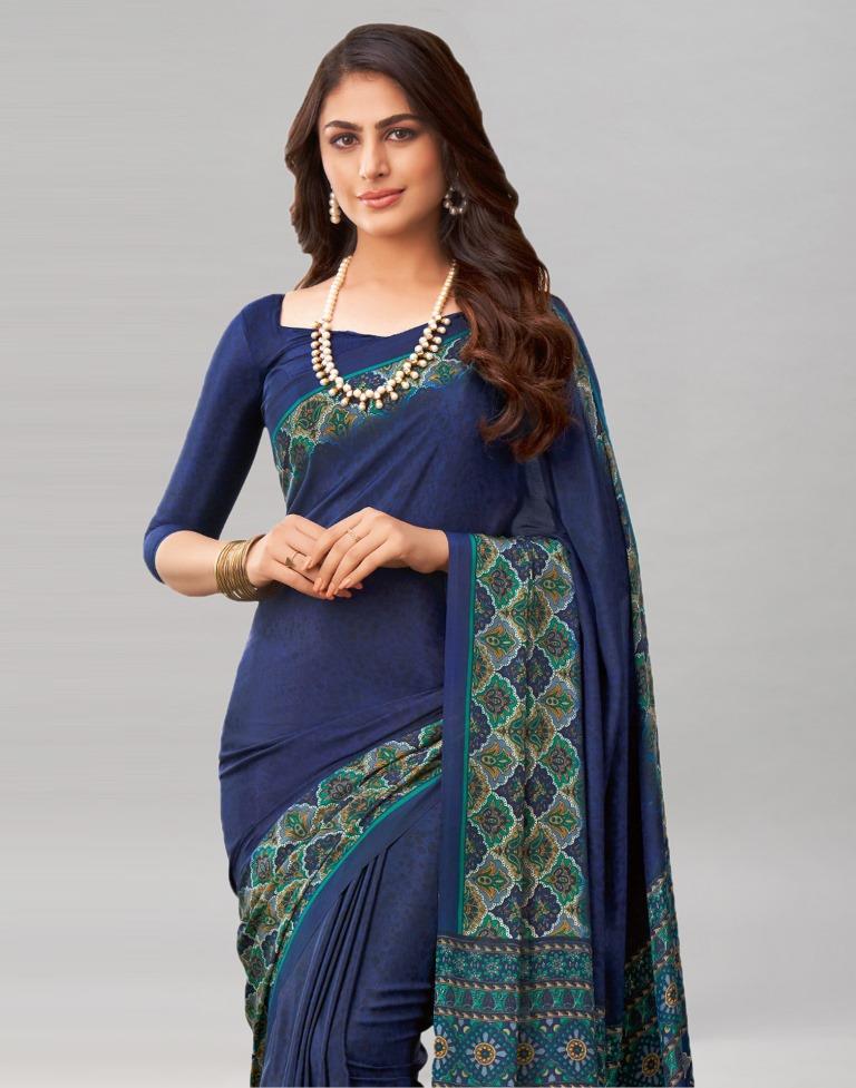 Attractive Navy Blue Printed Saree | Sudathi