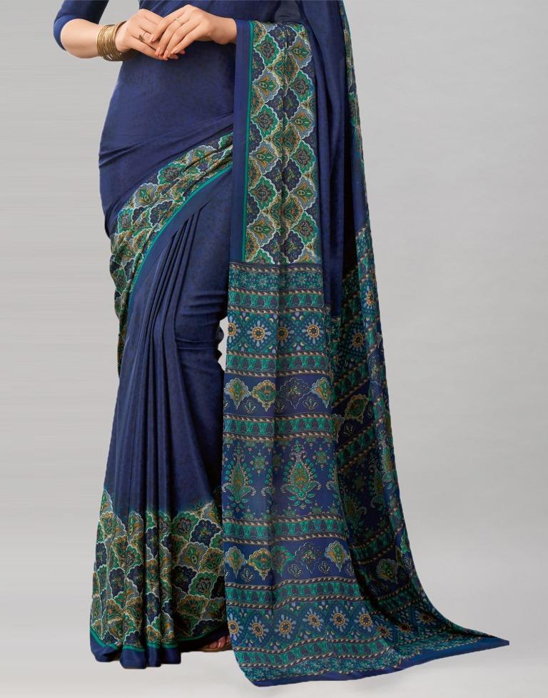 Attractive Navy Blue Printed Saree | Sudathi