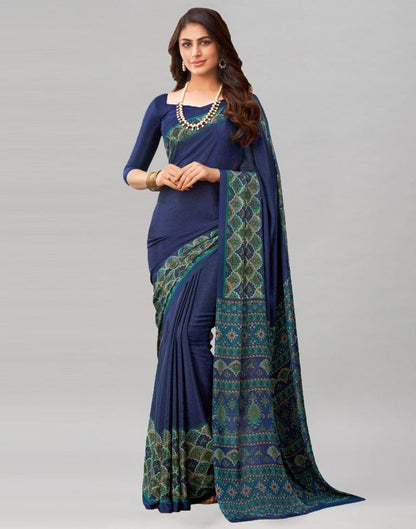 Attractive Navy Blue Printed Saree | Sudathi