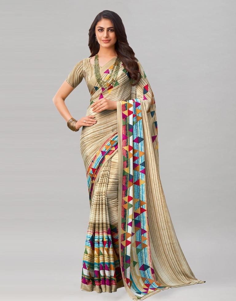 Stunning Beige Printed Saree | Sudathi