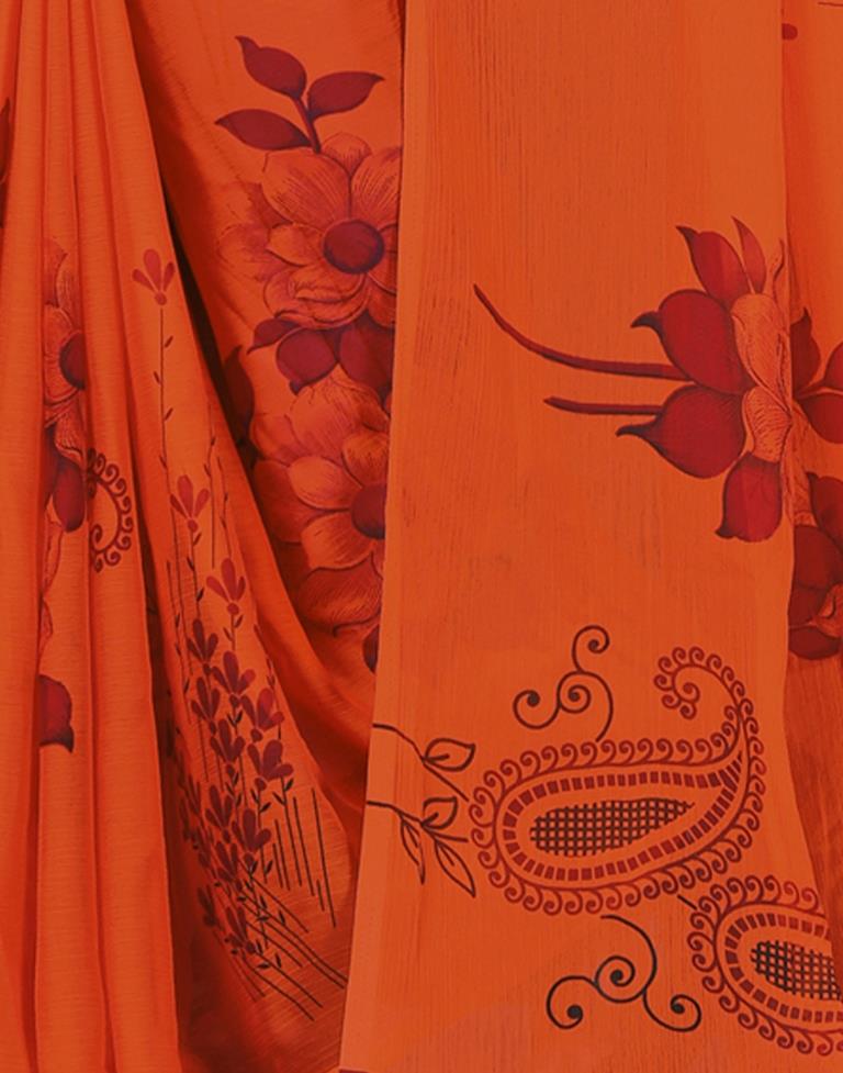 Ethnic Orange Printed Chiffon Saree | Sudathi