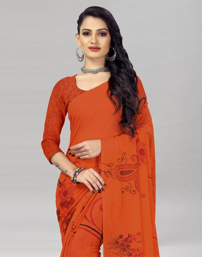 Ethnic Orange Printed Chiffon Saree | Sudathi