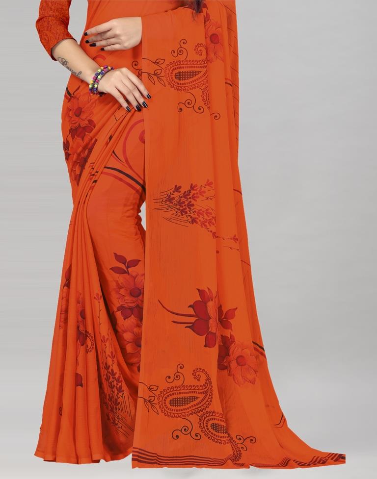 Ethnic Orange Printed Chiffon Saree | Sudathi