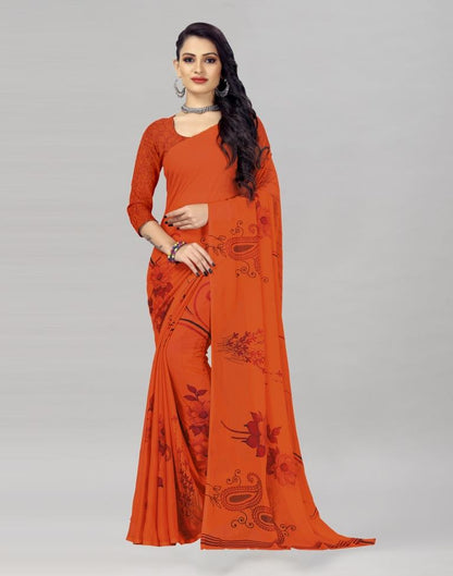 Ethnic Orange Printed Chiffon Saree | Sudathi
