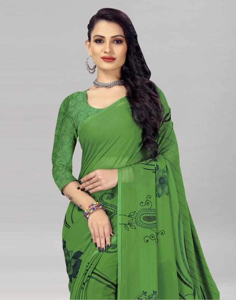 Distinctive Green Printed Chiffon Saree | Sudathi