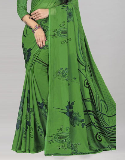 Distinctive Green Printed Chiffon Saree | Sudathi