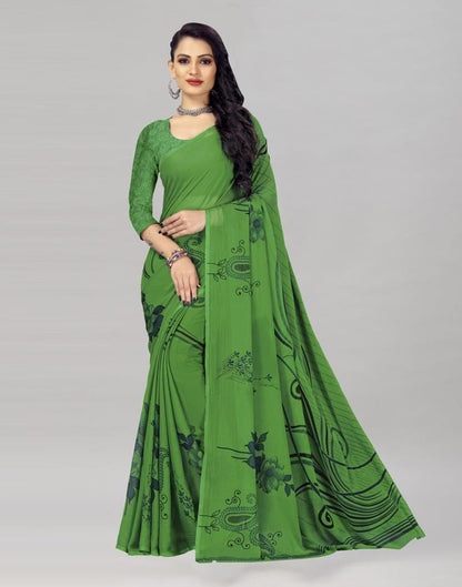 Distinctive Green Printed Chiffon Saree | Sudathi