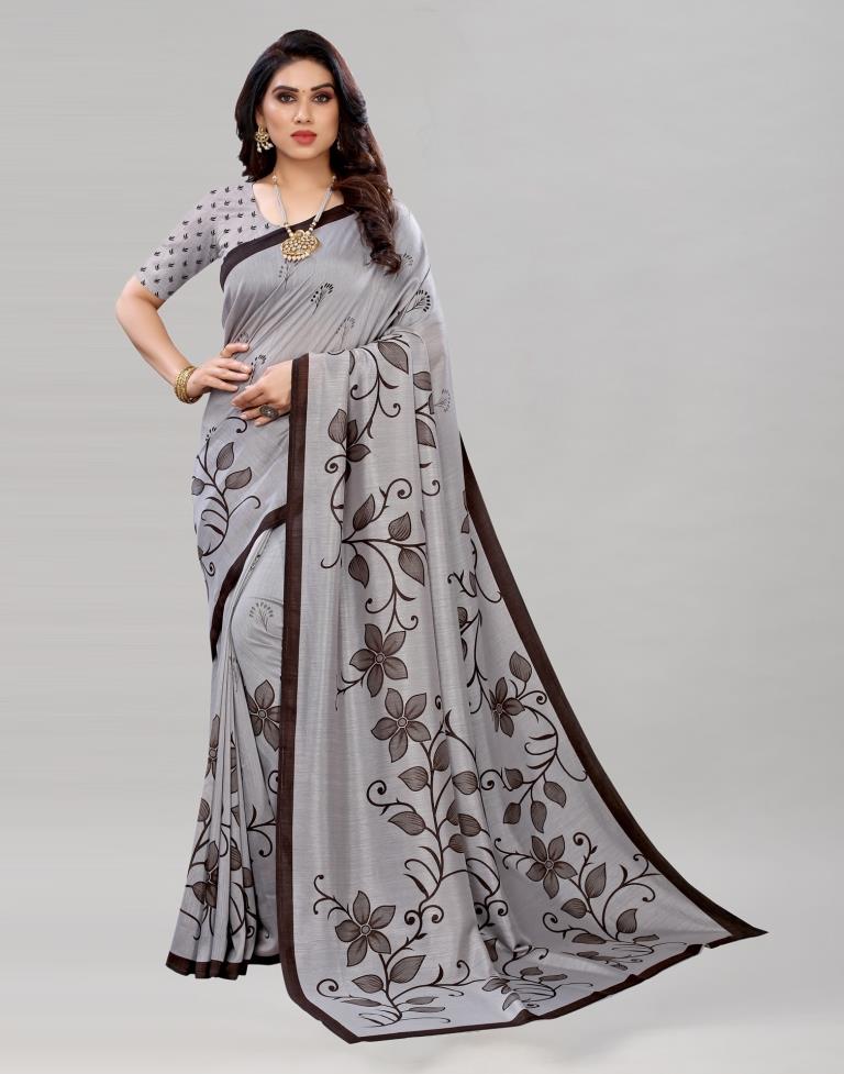 Grey Silk Floral Printed Saree | Sudathi