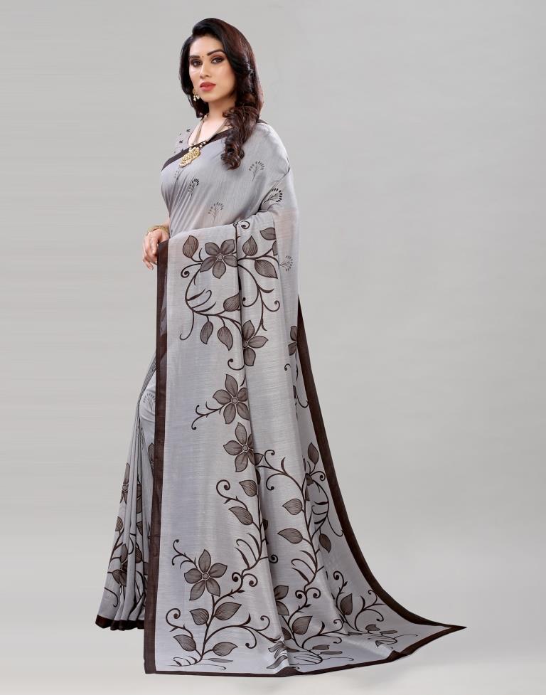 Grey Silk Floral Printed Saree | Sudathi