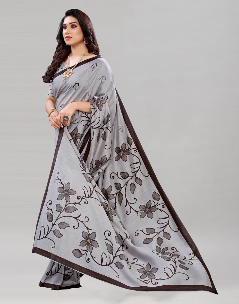 Grey Silk Floral Printed Saree | Sudathi