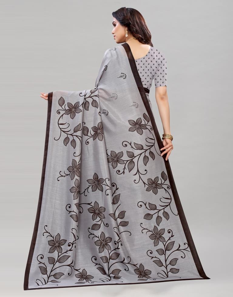 Grey Silk Floral Printed Saree | Sudathi