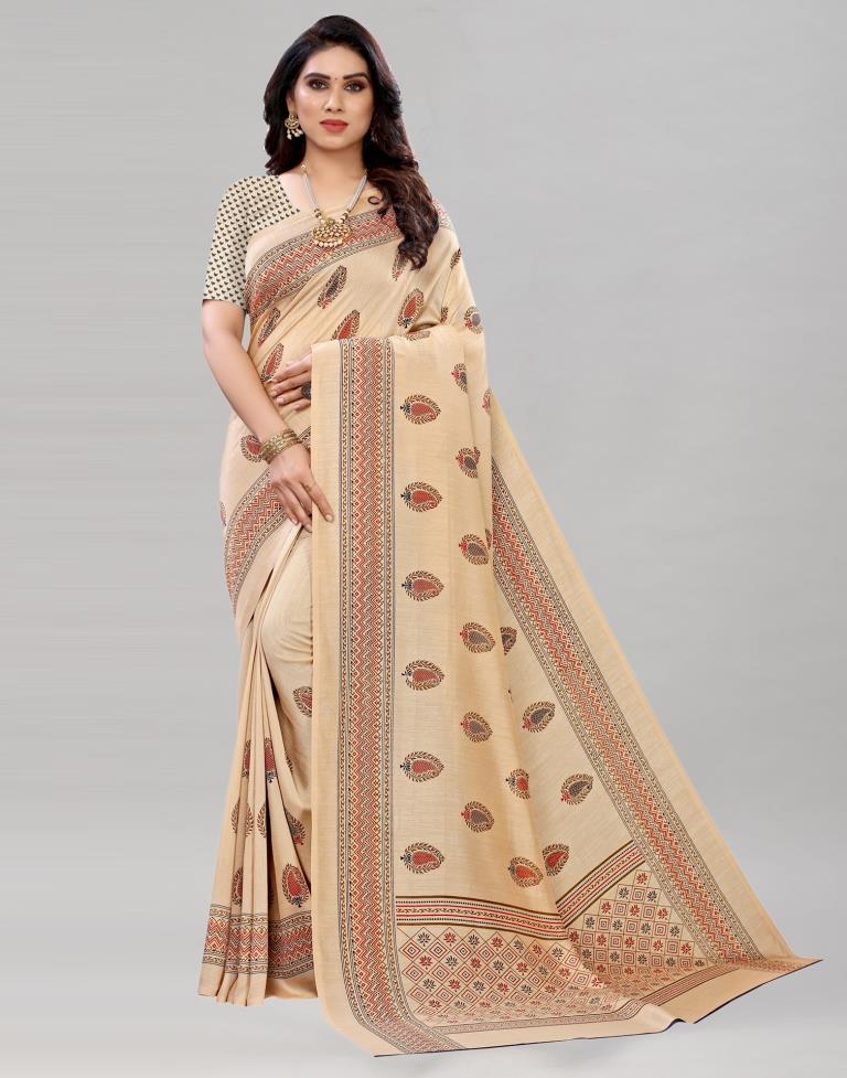 Engrossing Cream Printed Saree | Sudathi